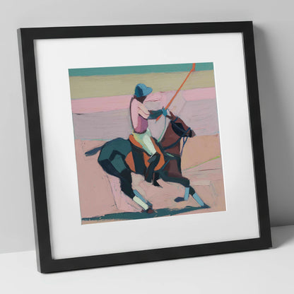 Dusty Rose Chukka polo horse art print in black frame