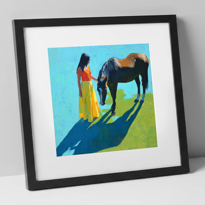 Sunlit Connection horse & rider art print in black frame