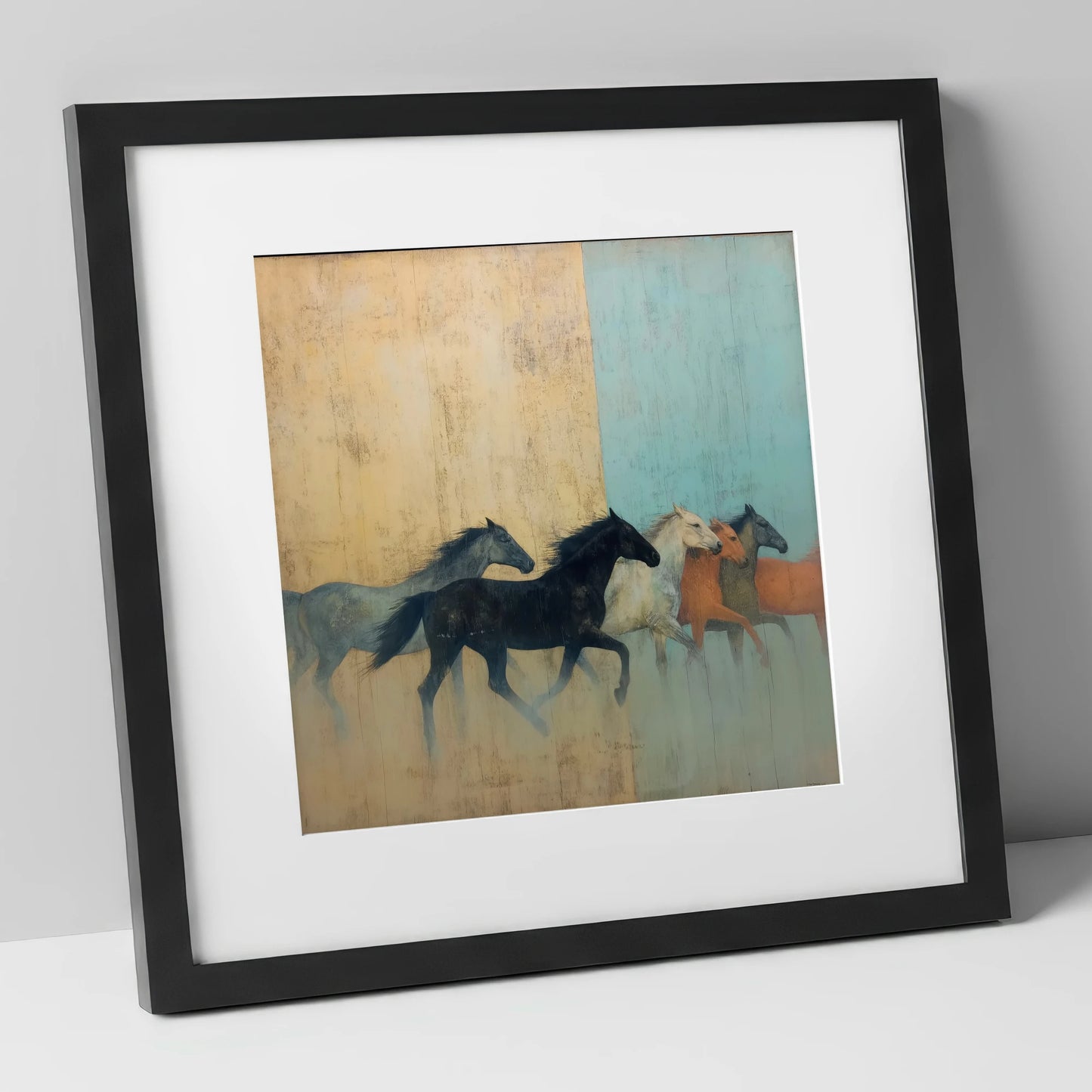 Ethereal Ochre Herd wild horses art print in black frame