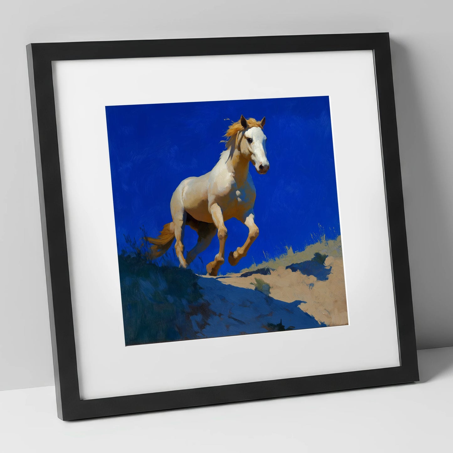 Sunlit Ascent wild horses art print in black frame