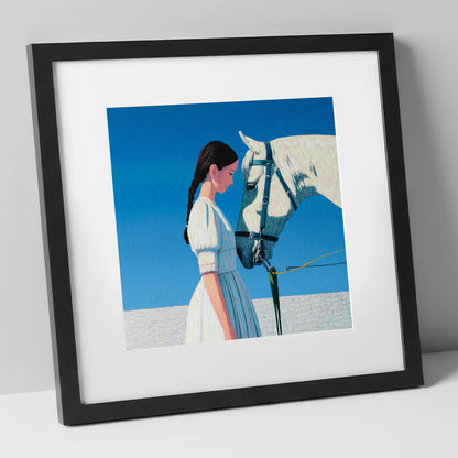 Silent Dialogue horse & rider art print in black frame