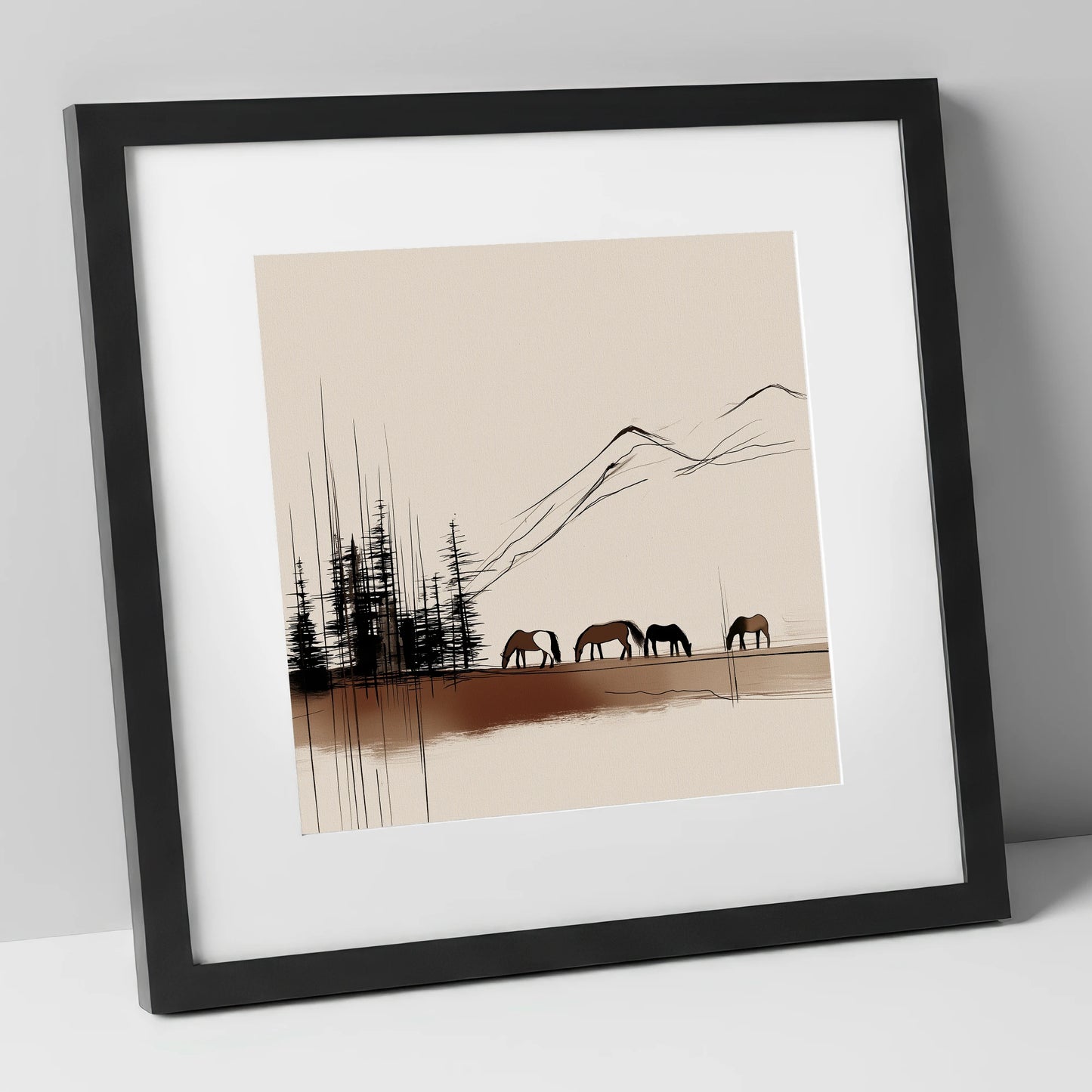 Grazing Beneath the Pines horse landscape art print in black frame