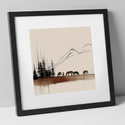 Grazing Beneath the Pines horse landscape art print in black frame