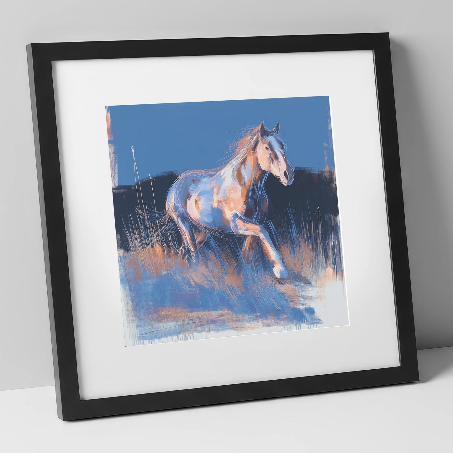 Wanderer in Blue horse landscape art print in black frame