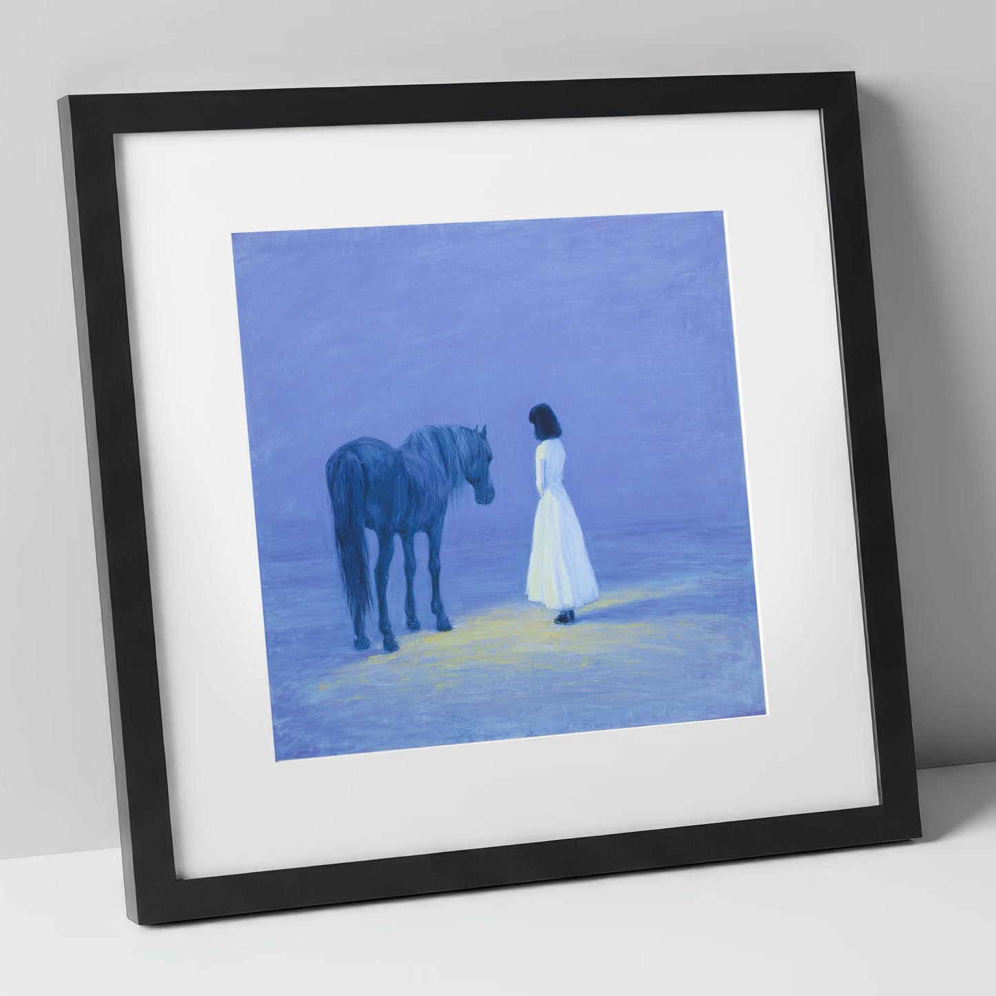 The Quiet Meeting horse & rider art print in black frame
