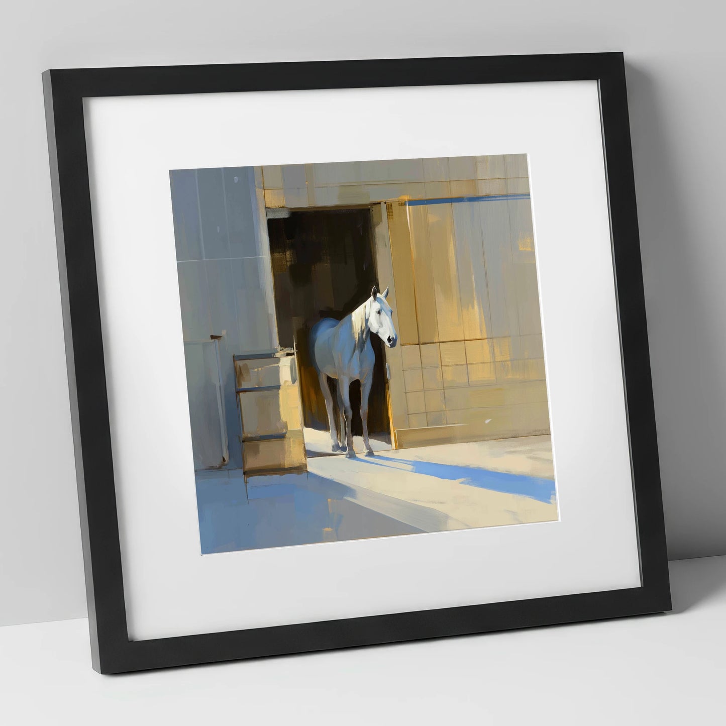 Sunlit Stable Doorway horse stable art print in black frame