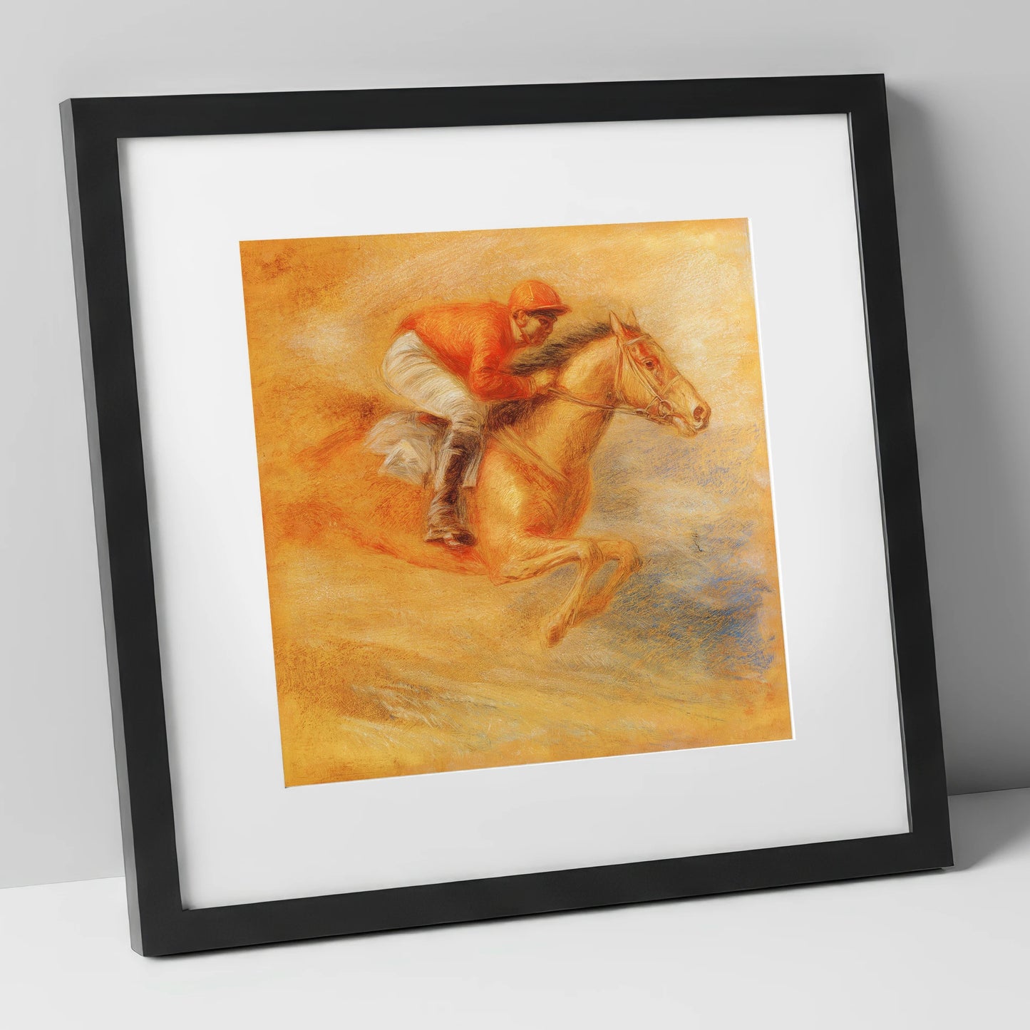 Flight Over Terracotta racing horse art print in black frame