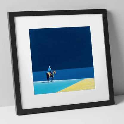 The Vast Blue beach horse art print in black frame