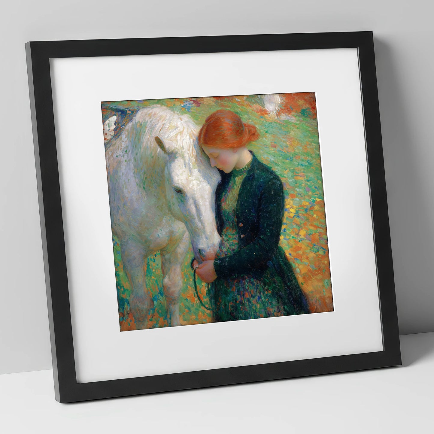 The Serene Bond horse & rider art print in black frame