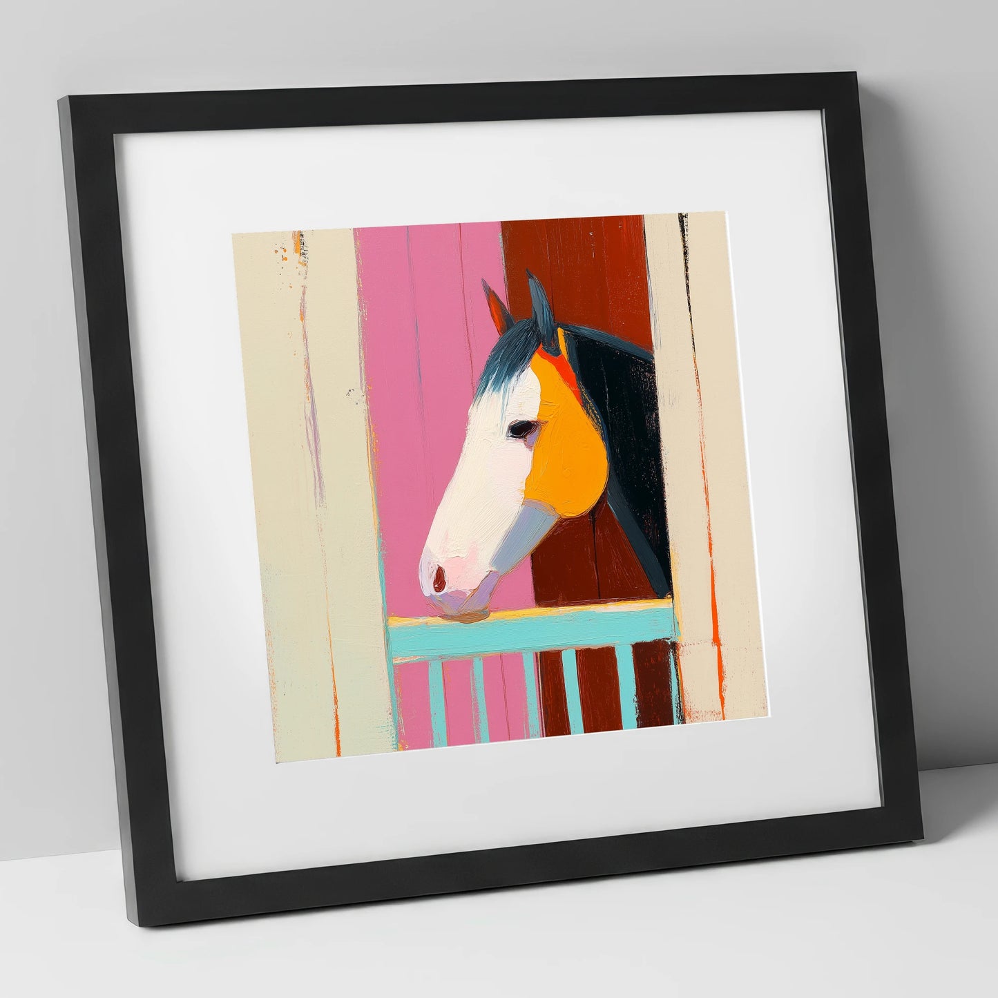 Over the Turquoise Door horse stable art print in black frame