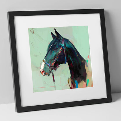 Midnight Profile in Teal horse portrait art print in black frame