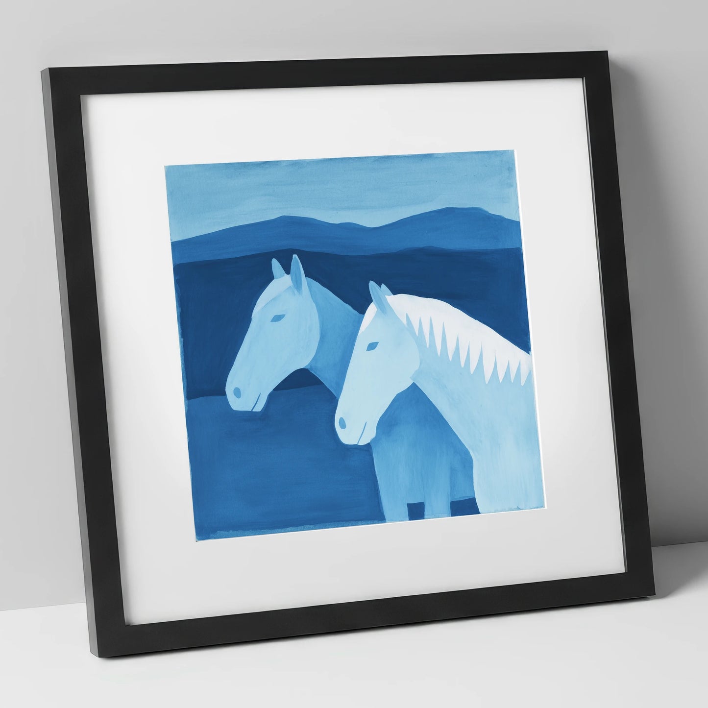Azure Mountain Companions horse landscape art print in black frame
