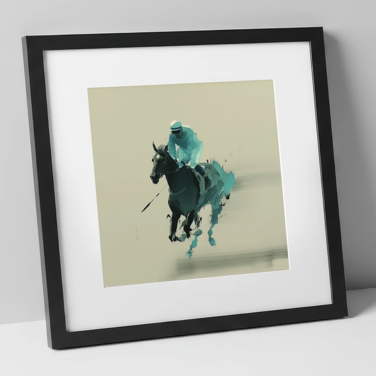 Teal Velocity racing horse art print in black frame