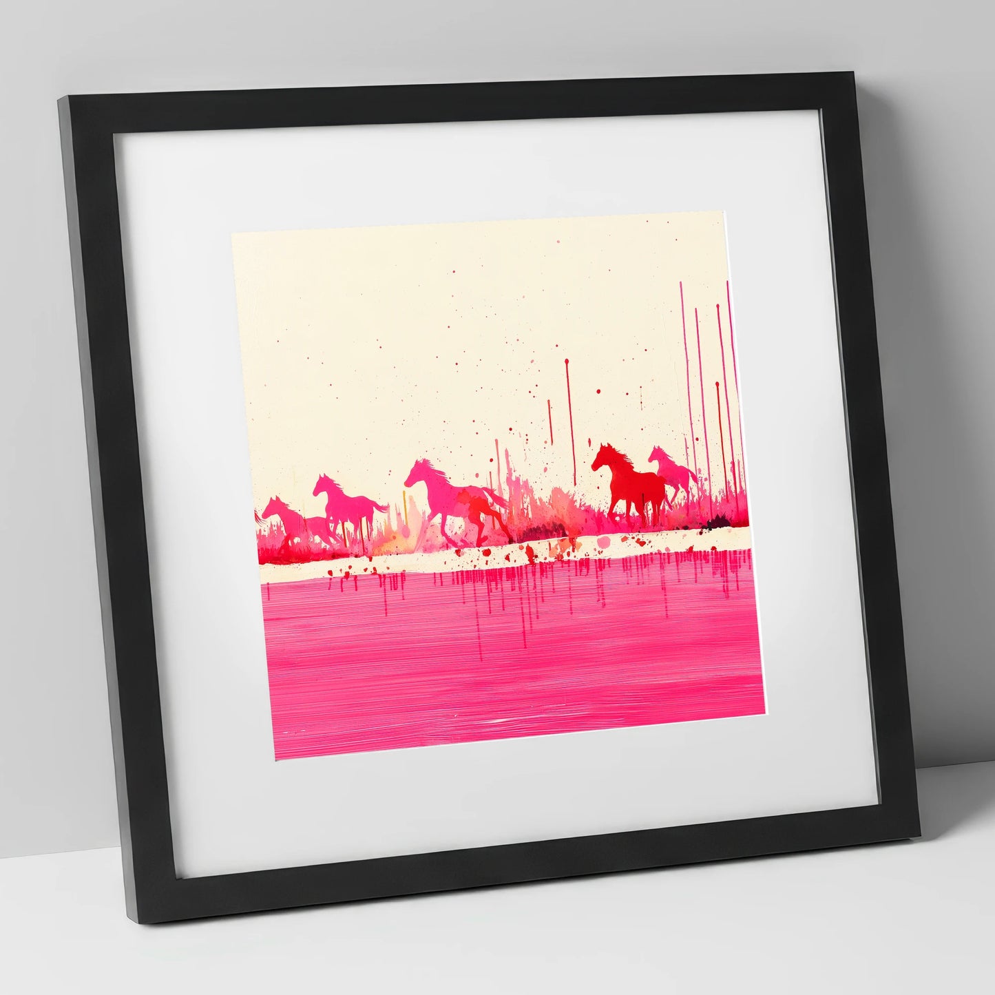 Crimson Gallop wild horses art print in black frame