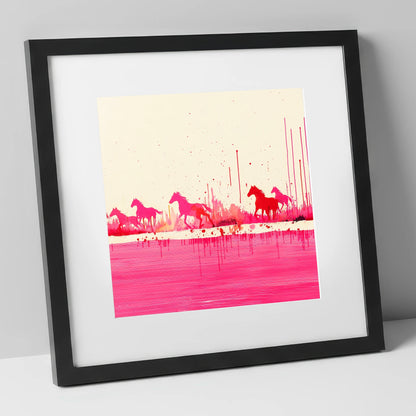 Crimson Gallop wild horses art print in black frame