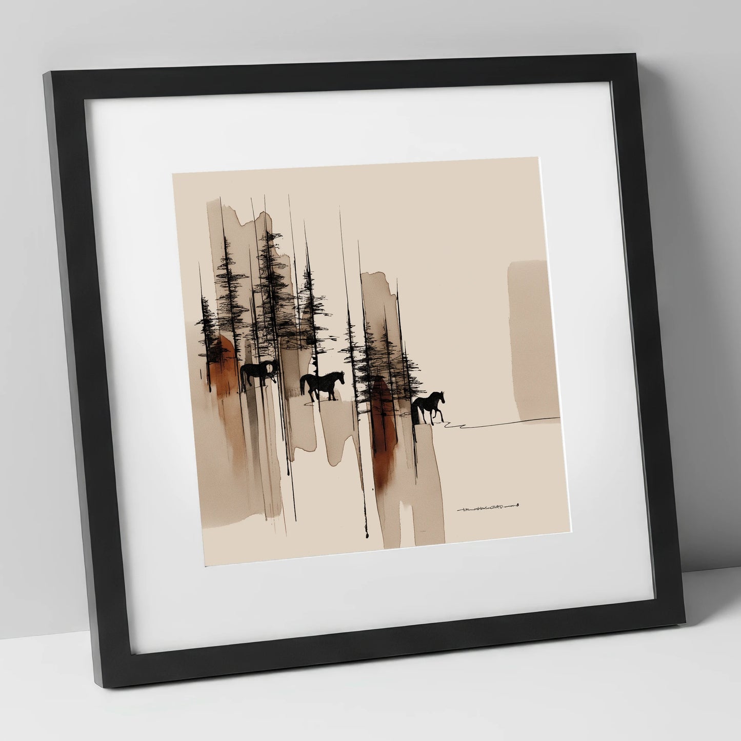 Wandering Through Pines horse landscape art print in black frame