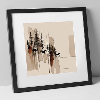 Wandering Through Pines horse landscape art print in black frame