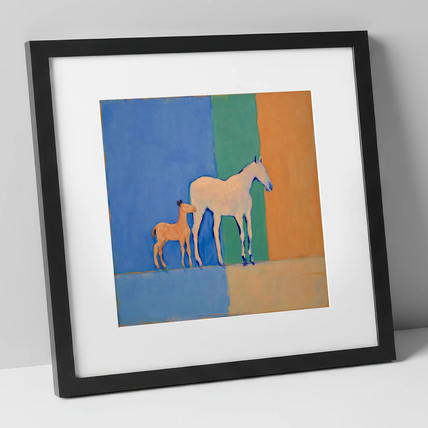Cobalt and Terracotta Bond mare & foal art print in black frame