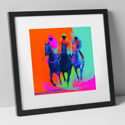 Neon Final Furlong racing horse art print in black frame