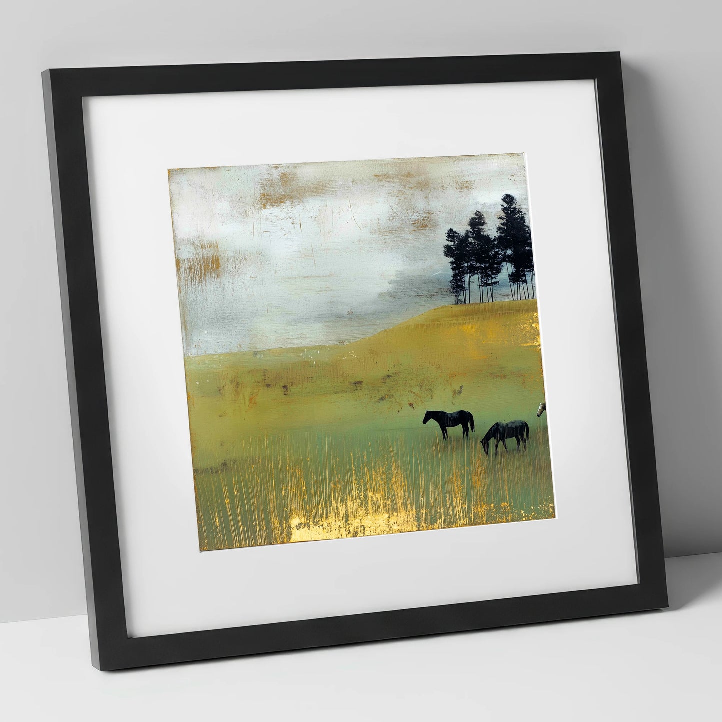 Gilded Grazing wild horses art print in black frame
