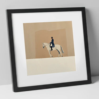 The Collected Grey dressage horse art print in black frame