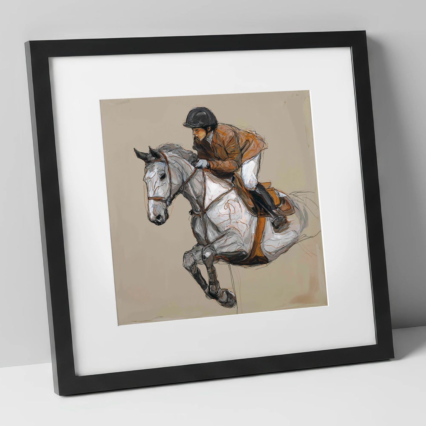 Flight of the Grey show jumping horse art print in black frame