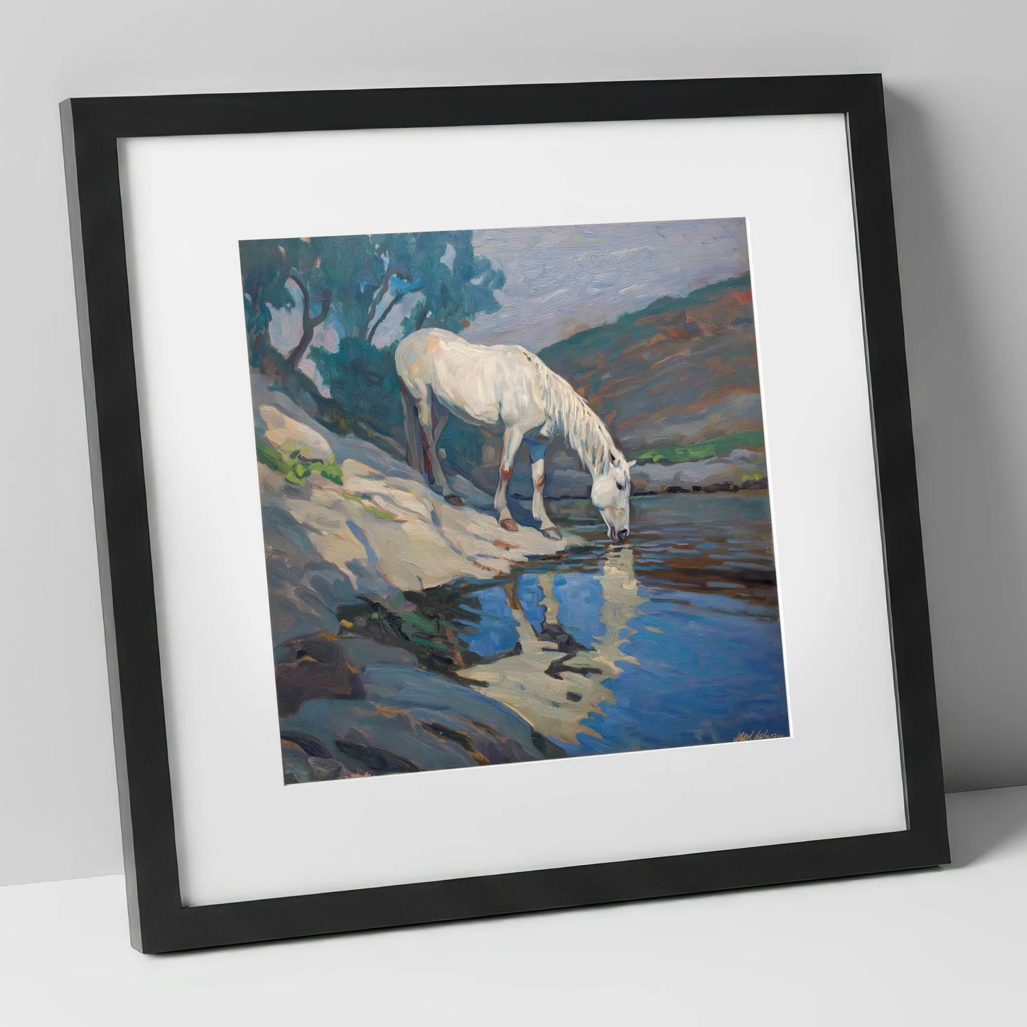 Tranquil Waters Edge horse landscape art print in black frame