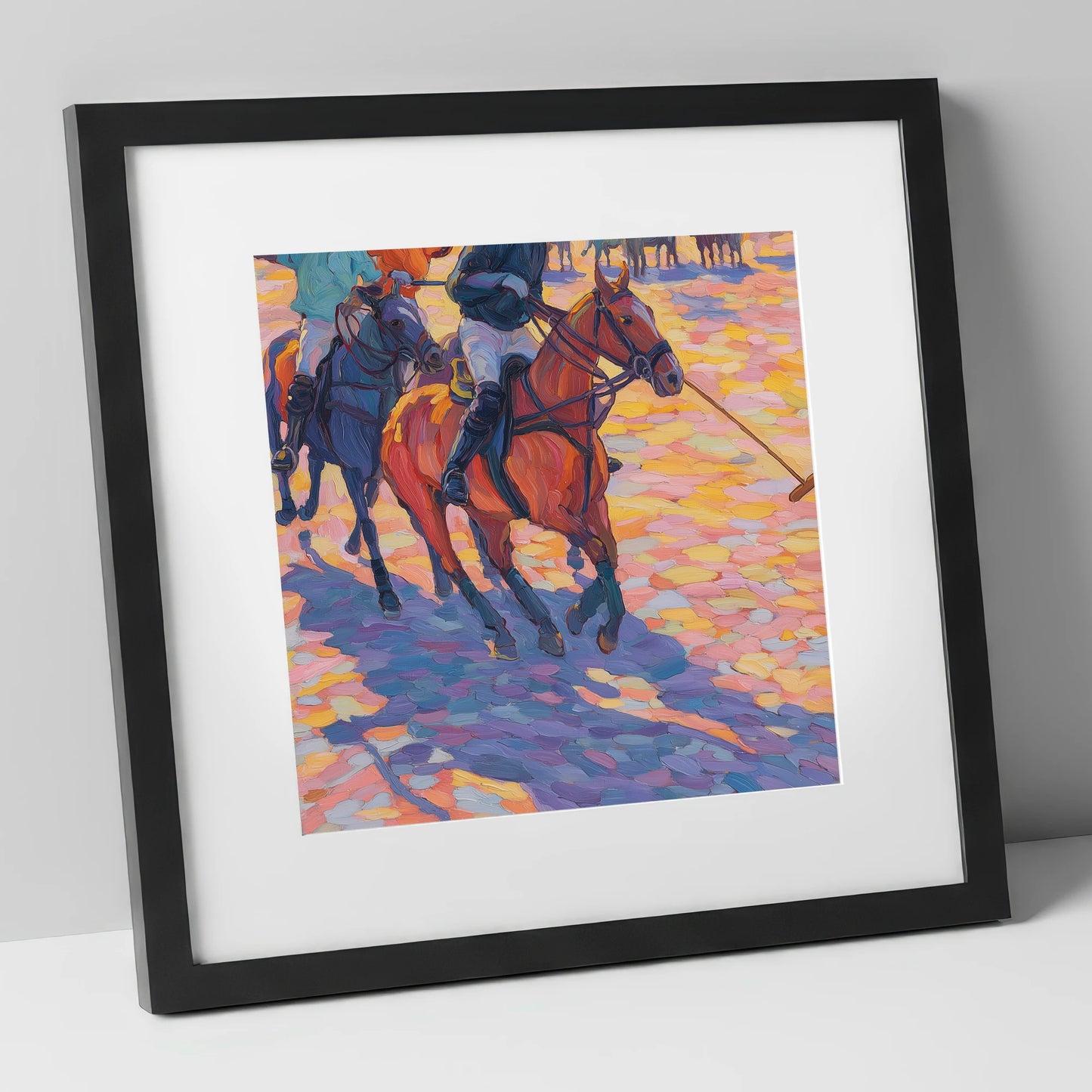 Sunset Chukka Shadows polo horse art print in black frame