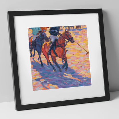 Sunset Chukka Shadows polo horse art print in black frame