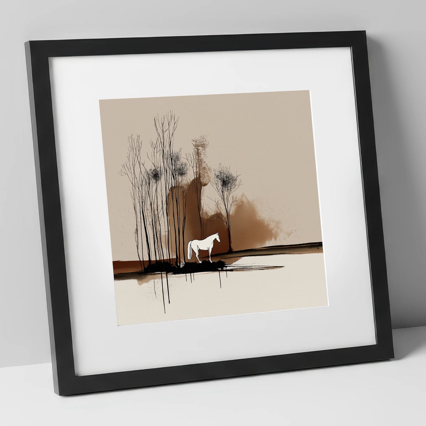 Sepia Woodland Solitude horse landscape art print in black frame