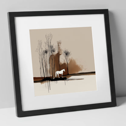 Sepia Woodland Solitude horse landscape art print in black frame