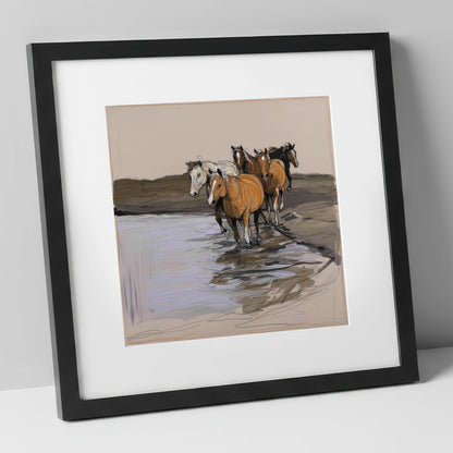 Herd at the Shallows wild horses art print in black frame