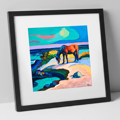 Vibrant Coastal Graze horse landscape art print in black frame