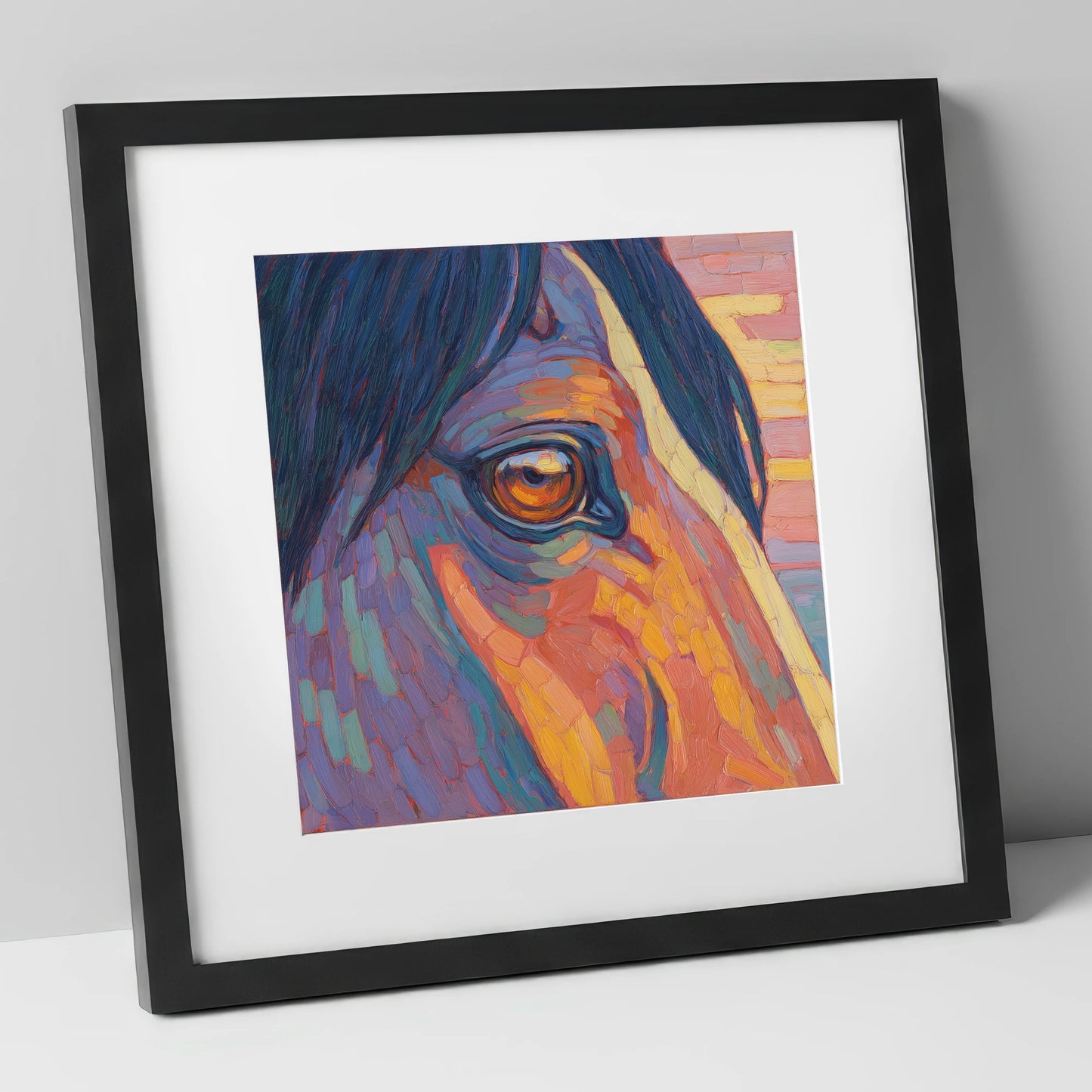 The Vivid Gaze horse portrait art print in black frame