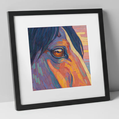 The Vivid Gaze horse portrait art print in black frame
