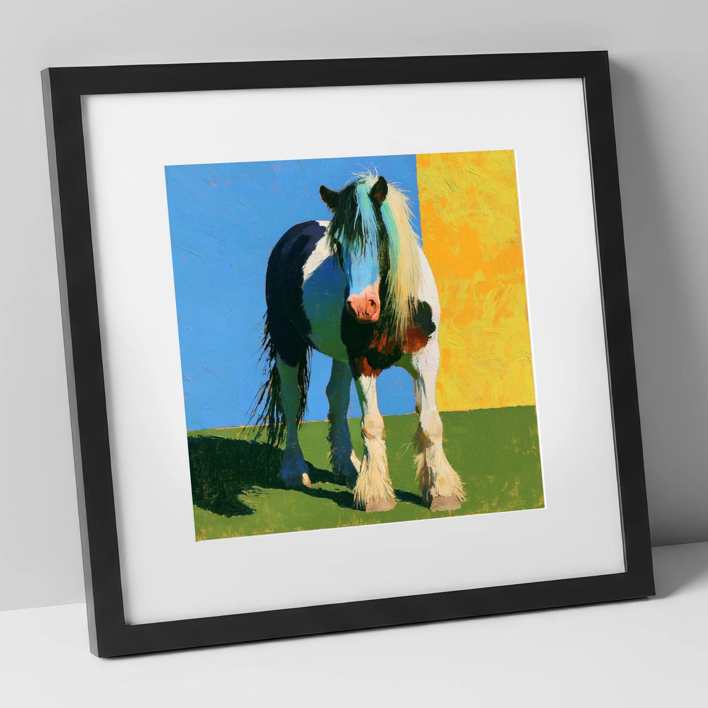 Piebald Cob in Vibrant Sun horse breed art print in black frame