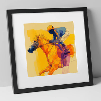 Golden Stride racing horse art print in black frame