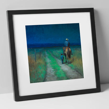 Nightfall Companions horse & rider art print in black frame