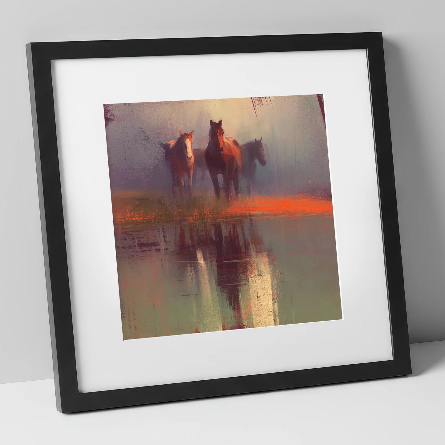 Ember Reflections wild horses art print in black frame