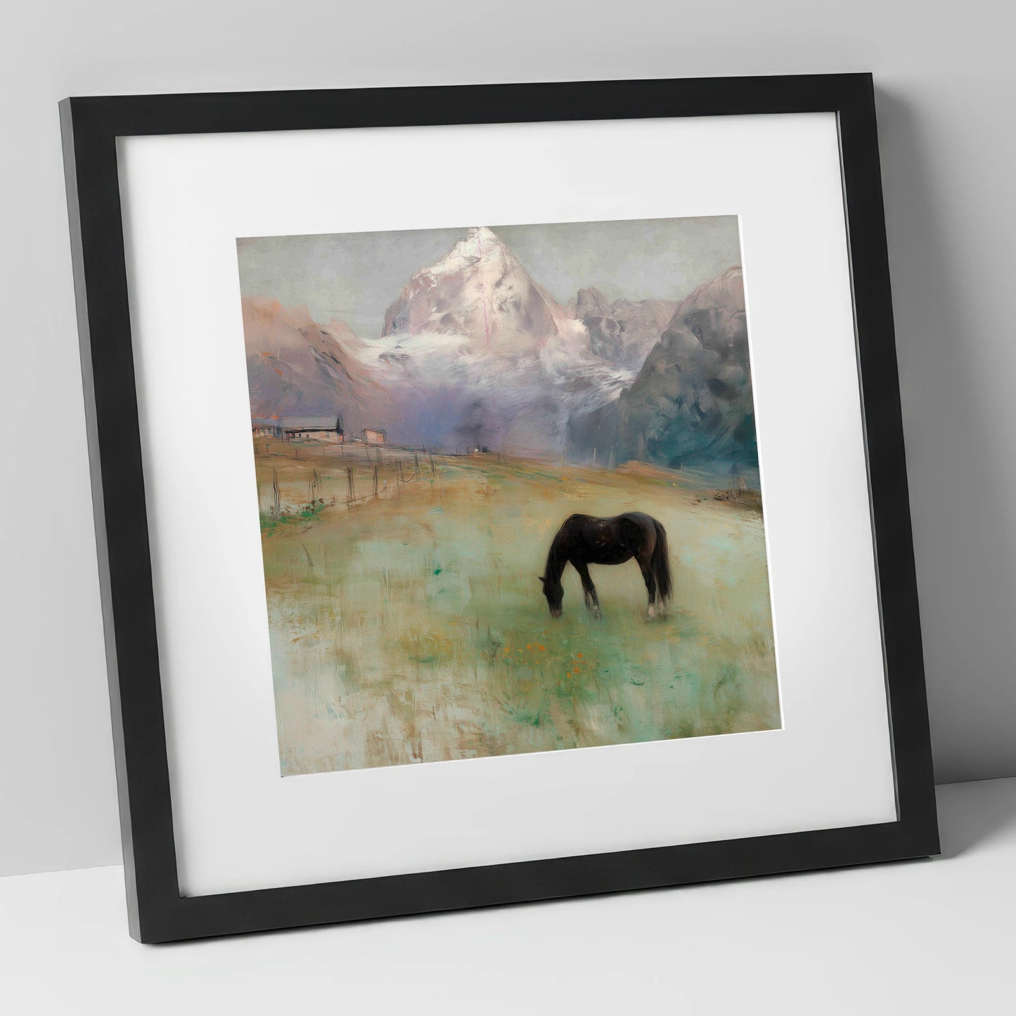 Alpine Pasture Solitude horse landscape art print in black frame