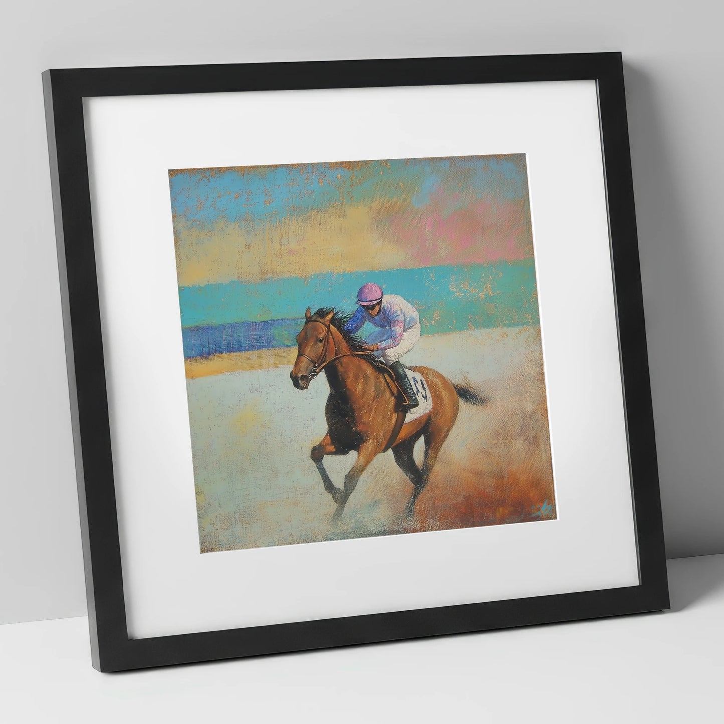 Thundering Towards Home racing horse art print in black frame
