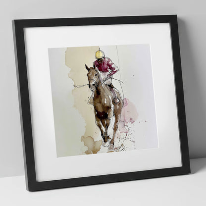 Furlong Flow in Burgundy racing horse art print in black frame