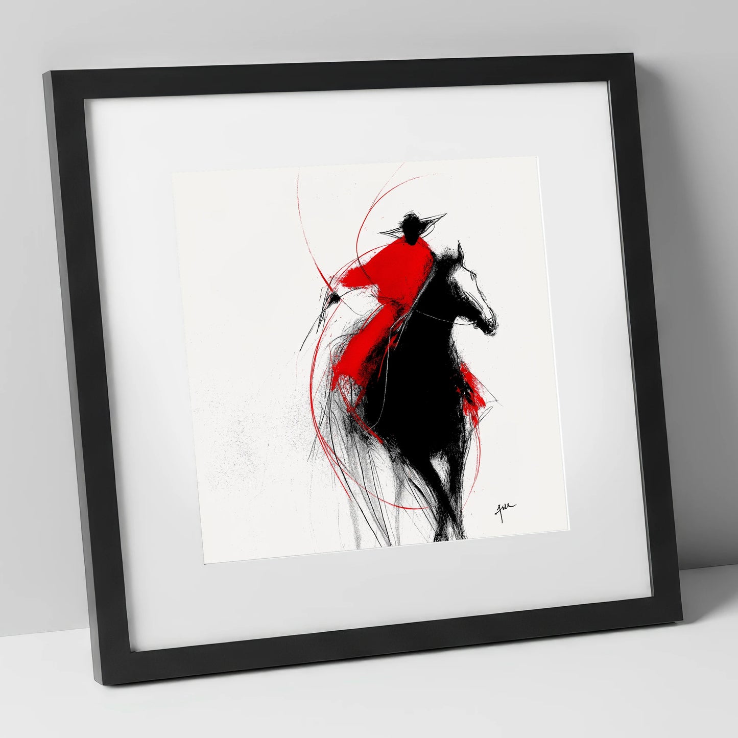Crimson Surge racing horse art print in black frame