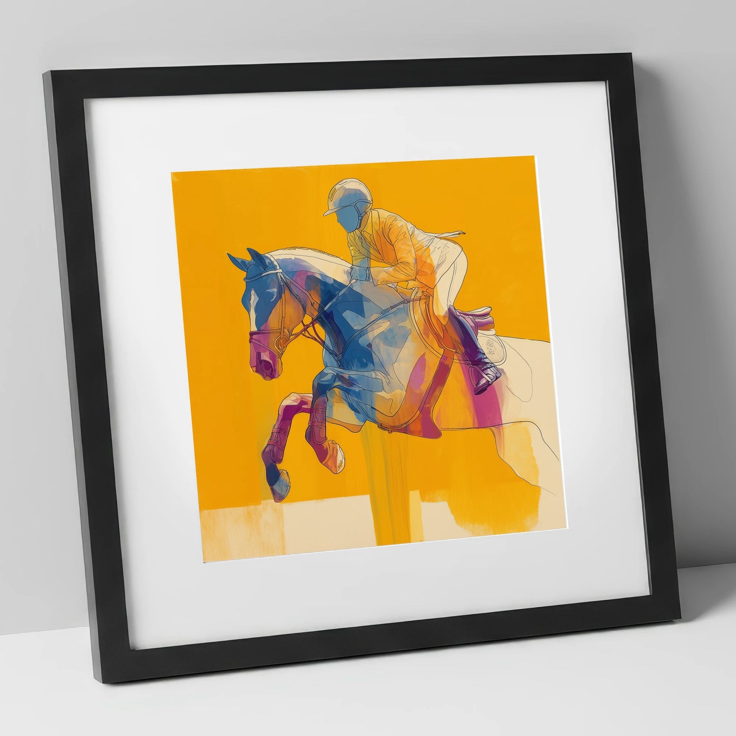Vibrant Mid-Air Clearance show jumping horse art print in black frame