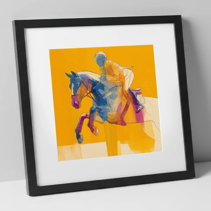 Vibrant Mid-Air Clearance show jumping horse art print in black frame