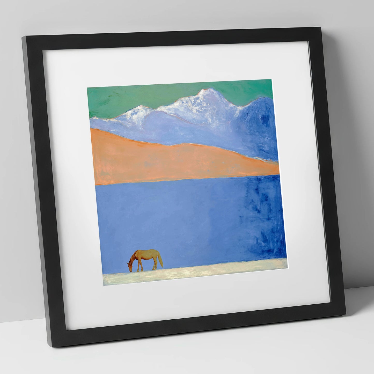 Alpine Solitude horse landscape art print in black frame