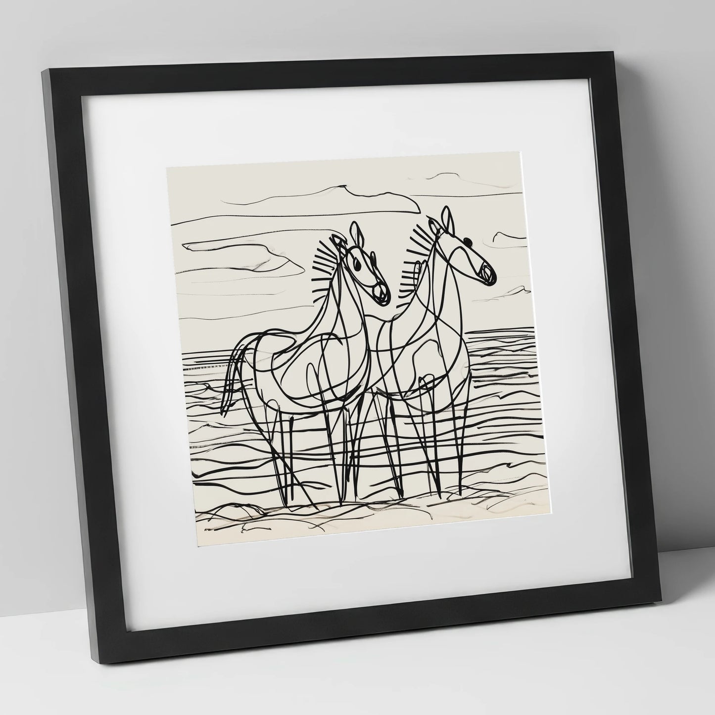 Linear Equine Companions horse landscape art print in black frame