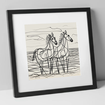 Linear Equine Companions horse landscape art print in black frame