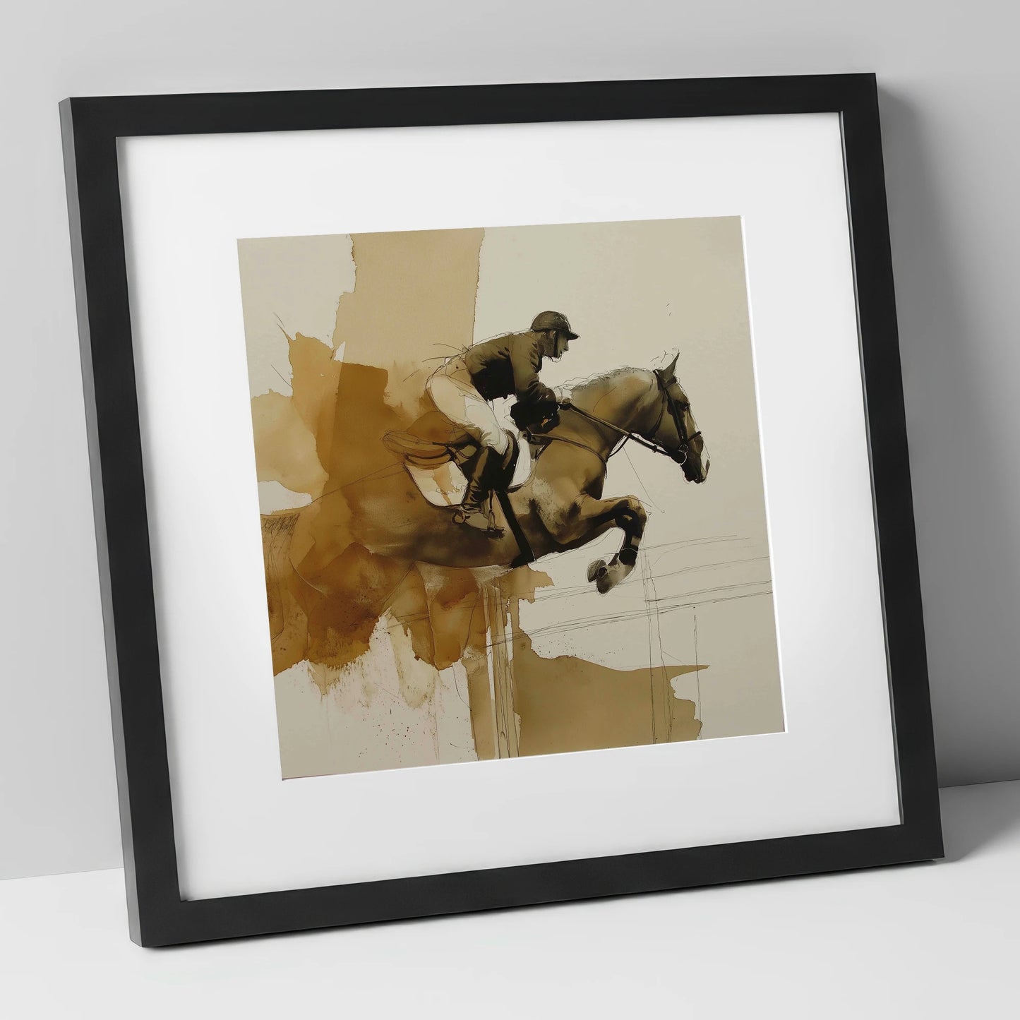 Moment of Suspension show jumping horse art print in black frame
