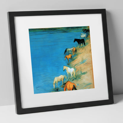 Cerulean River Herd wild horses art print in black frame